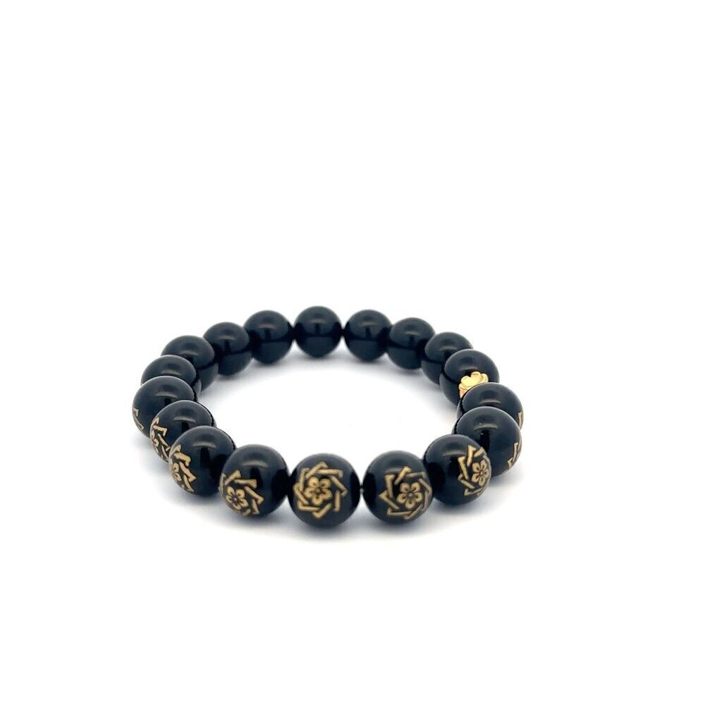 24K Yellow Gold Money Bag Lucky Bracelet Carved Black Agate Gemstones 10mm